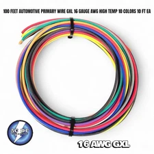 100 FEET AUTOMOTIVE PRIMARY WIRE GXL 16 GAUGE AWG HIGH TEMP 10 COLORS 10 FT EA