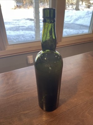 Handblown Turn Mold, Dark Green Whiskey Bottle Applied Lip -1800's - Lady Leg