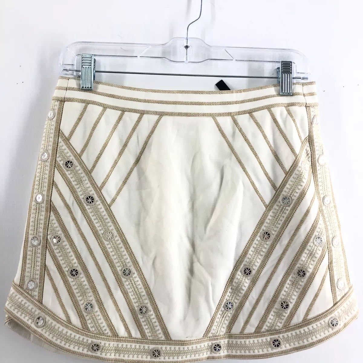 NWT BCBGMaxazria Kanya Off White Embroidered Sequin Back Zip Mini Skirt Women S