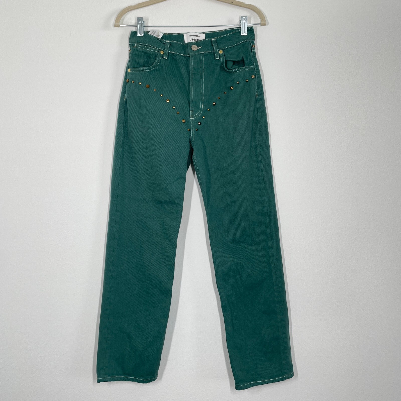 Reformation Jade Green High Rise Studded Cowboy Jeans Women 26 Straight Fit