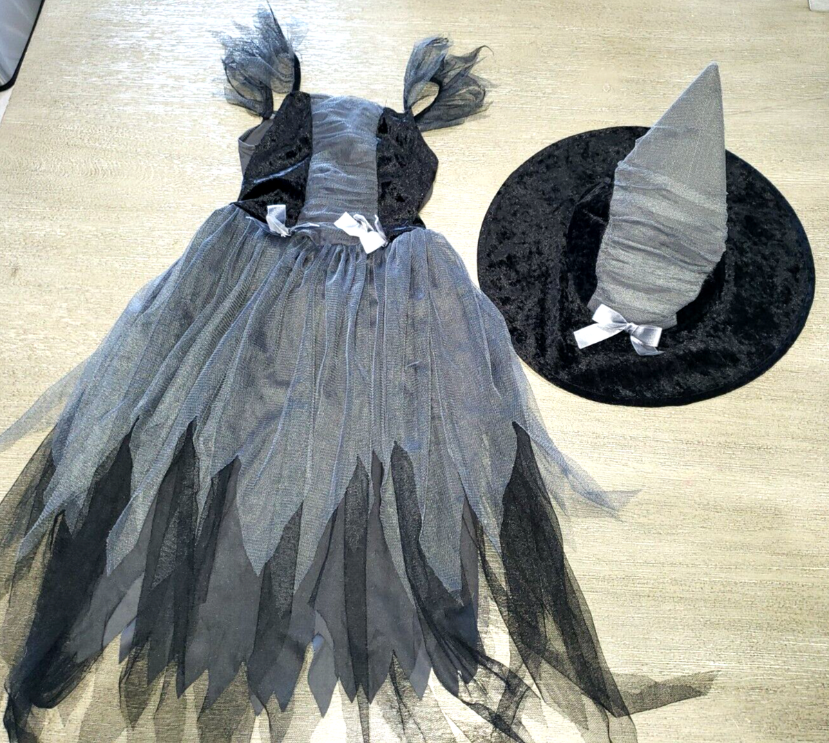 grey witch dress girls fancy BLACK GRAY HALLOWEEN COSTUME HAT size medium 2 pc set Wedding Edit