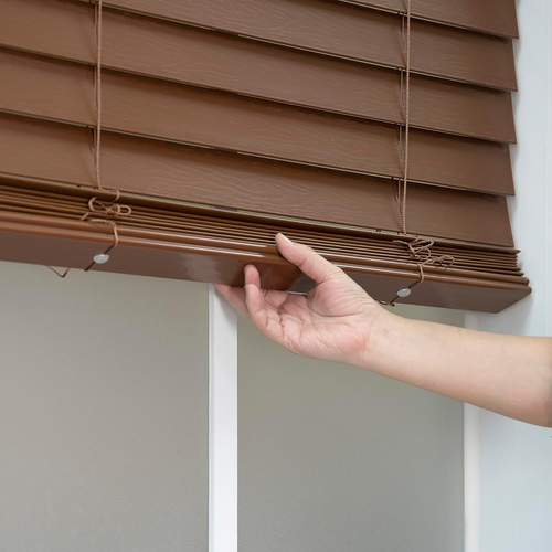 2In. Faux Wood Blinds, 35.5"W X 64"L in Dark Oak - Cordless Window Blinds, Certi - Picture 3 of 12