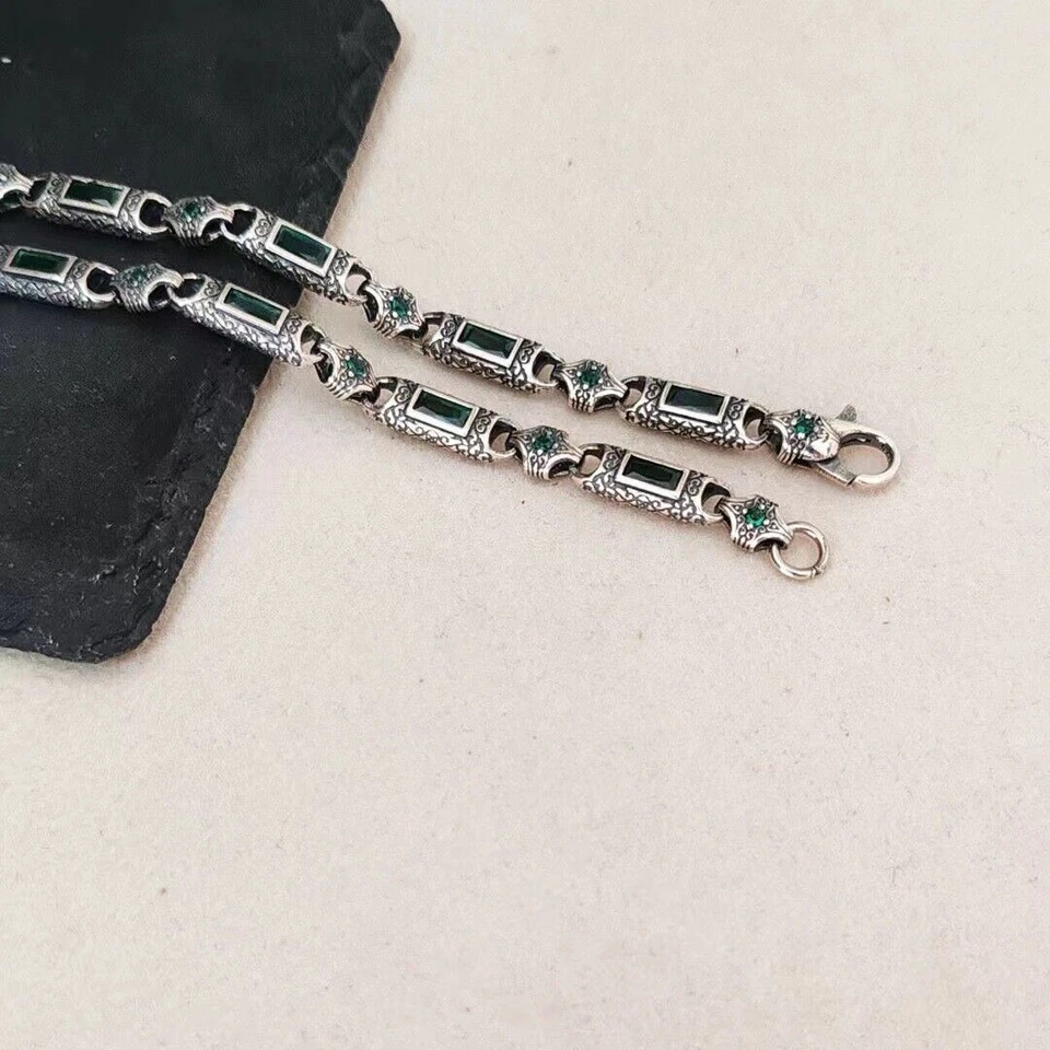 Collar retro pesado de cadena de circón verde vintage de 24 pulgadas de plata de ley 925 para hombre Foto 4 de 4