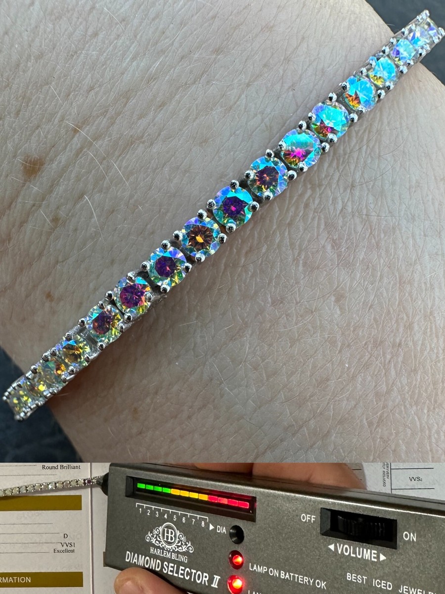 Real Iced Opal Rainbow MOISSANITE 3mm Tennis Bracelet 925 Silver
