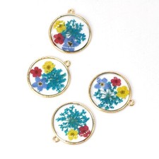 4PCS Gold Tone Dry Pressed Flower Resin Round 25mm Charm Pendant GYX2410