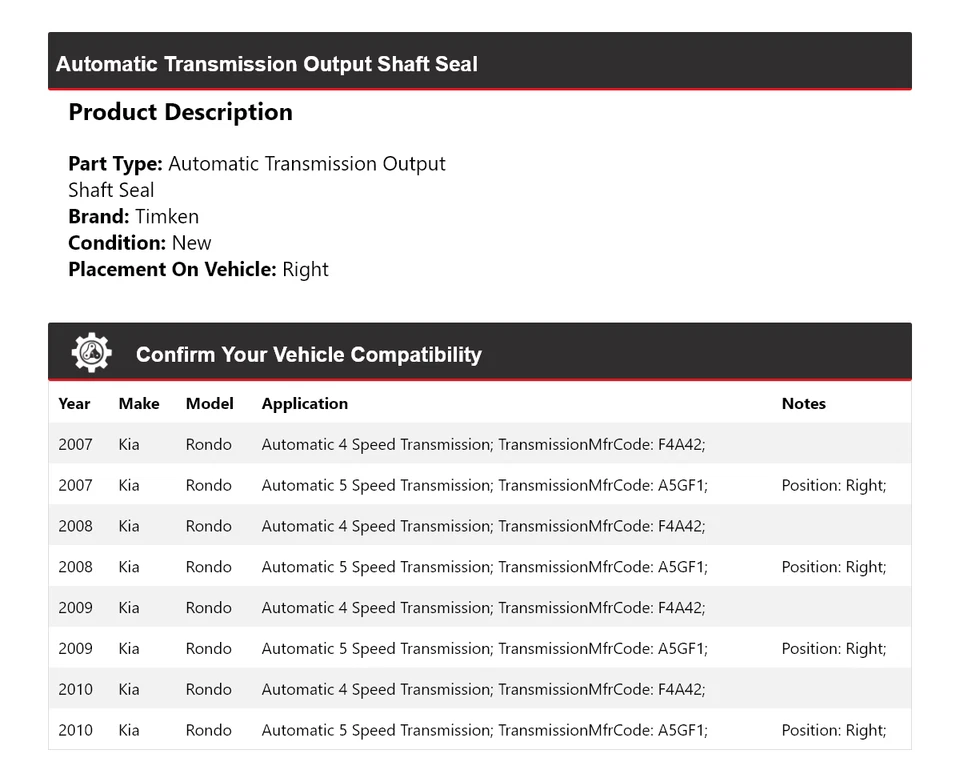 For 2007-2010 Kia Rondo Automatic Transmission Output Shaft Seal Timken 2008 - Image 2 of 4