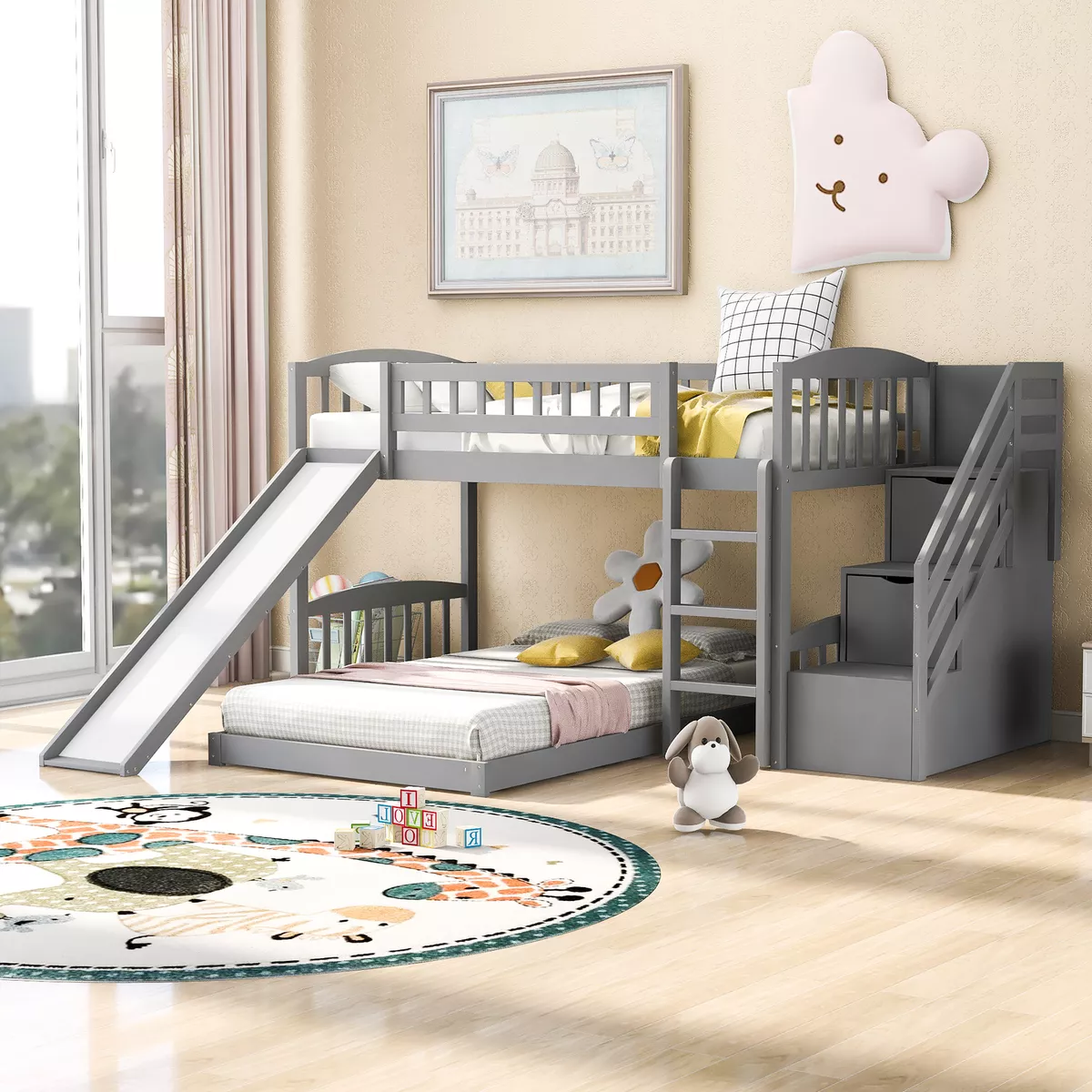 Stairway Twin Over Twin Bunk Bed with Two Drawers and Slide Gray