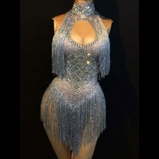 women Rhinestones Tassel Leotard Bodysuit Singer Dance Show Stage Wear Costume