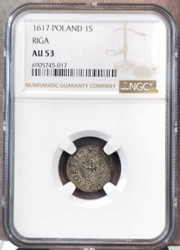 1617 POLAND BILLON 1 SCHILLING RIGA SIGISMUND III VASA NGC AU 53 RARE BEAUTY
