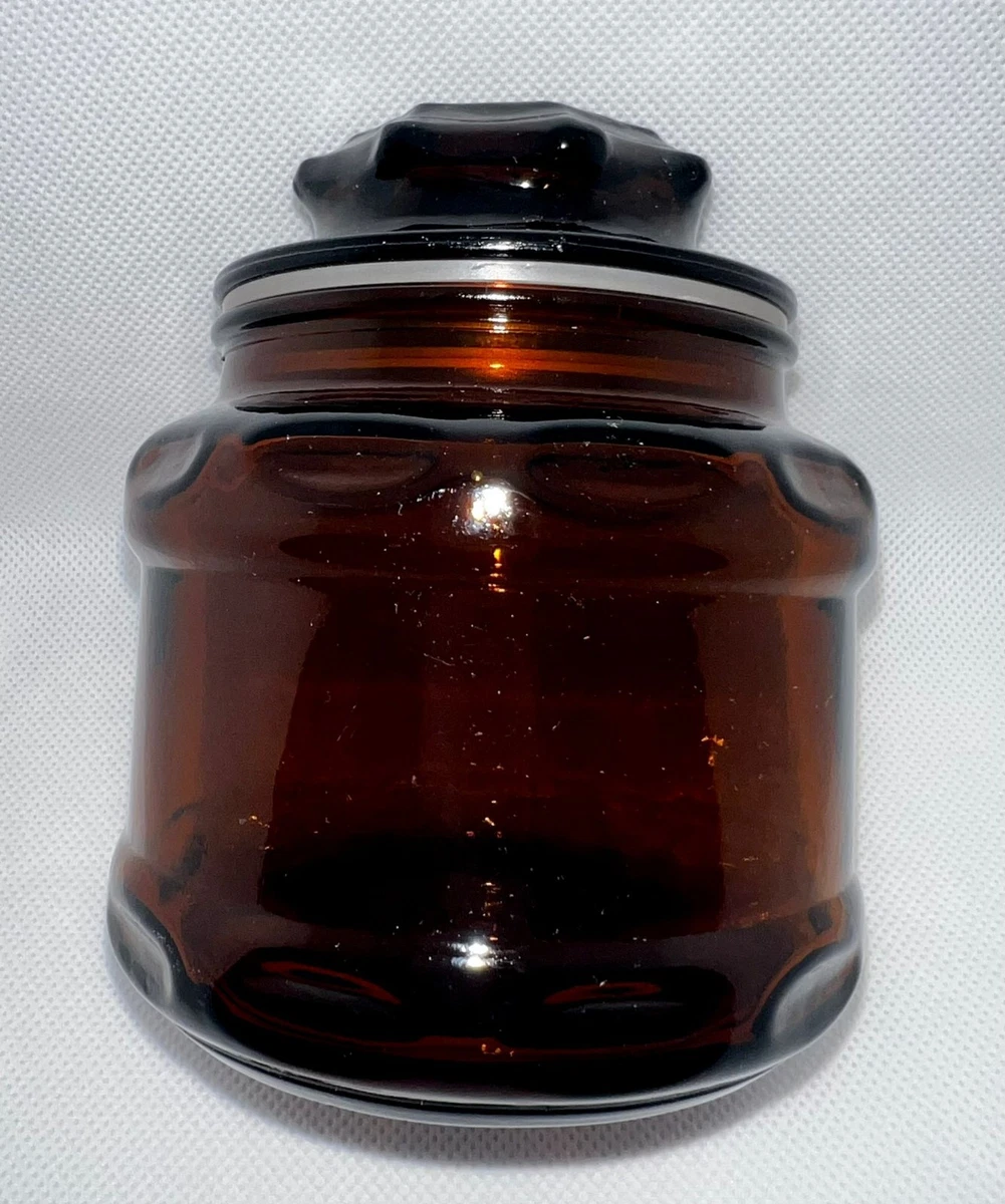 Vintage Small Dark Amber Brown Glass Apothecary Spice Jar with Starburst Lid