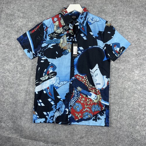 Boohooman NWT Button Down Shirt Samurai Theme Blue 100% Polyester