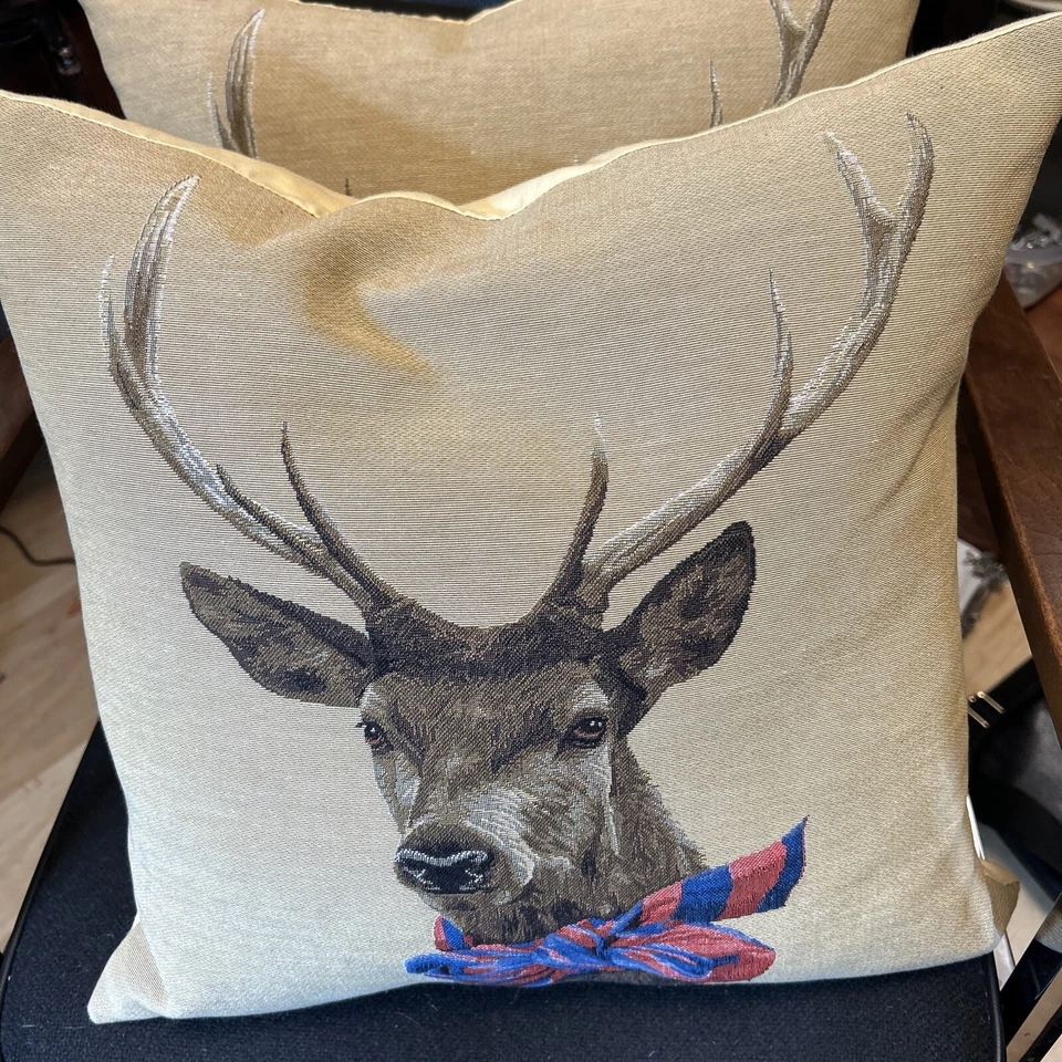 2 Rolande Du Dreuilh Stag Deer 18" Tapestry Toss Pillows Christmas Duck Feathers - Image 3 of 4