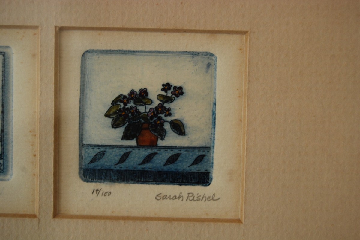 VTG FRAMED 3 MINIATURE SIGNED SARAH RISHEL COLORED ETCHING POTTED