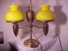VTG Brass Double Arm Student Table Desk Lamp YELLOW Ribbed Swirl Glass Shades — photo 1