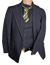 Vtg 70s 3 Piece Suit Black Poly Knit Men 40R 34x30 Retro Business Lenox Royal