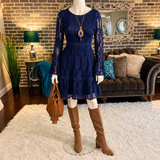 Boohoo Blue Lace Short Dress UK 10 Long Bell Sleeve Round Neck Zip