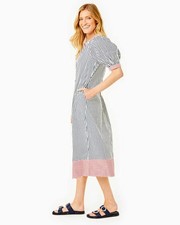 NWT Addison Bay Cabana Dress L Large Navy Blue Red Super White Cotton Poplin NEW