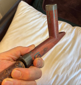 BIG PEWTER INLAID  SIOUX PIPE  7" head with mysterious  designs 1800s(? )