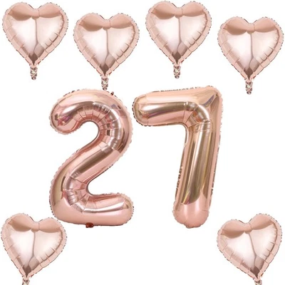 Ballon rose or numéro 27 +6 pcs coeur ballon hélium 27e anniversaire décorati... - Photo 1/4