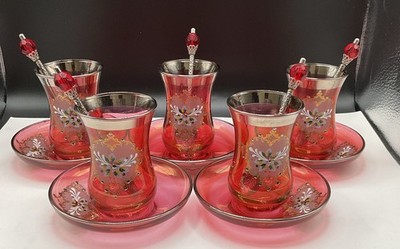 Rare Ruby Red Pasabahce Tea Set Gold Trim Enamel Flowers Hand Blown Vintage 15pc