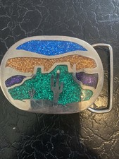 VTG Nickel Silver Color Inlay Belt Buckle, Dessert, Cactus