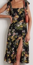 Reformation Twilight 10 Shoulder Ties Midi Dress Black Lemon Floral Slit