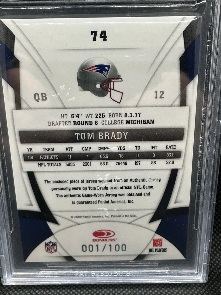 2009 Certified - Tom Brady #74 Mirror Blue Materials 1/100 - Image 4 of 4