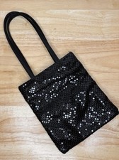 Evening Bag Purse Black Mesh Handbag Double Handles Shiny Small Snap Dressy