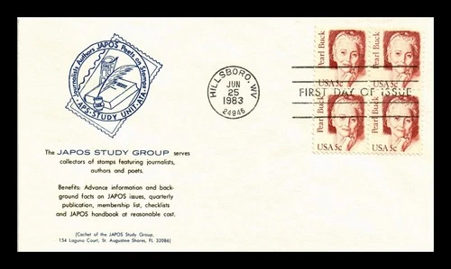 US COVER PEARL BUCK GREAT AMERICANS FDC BLOCK JAPOS STUDY GROUP THERMOGRAPHED