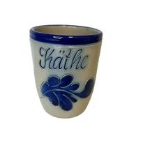 Handarbeit German Salt Glaze Cup Art Pottery Gray Blue Vintage “Käthe”