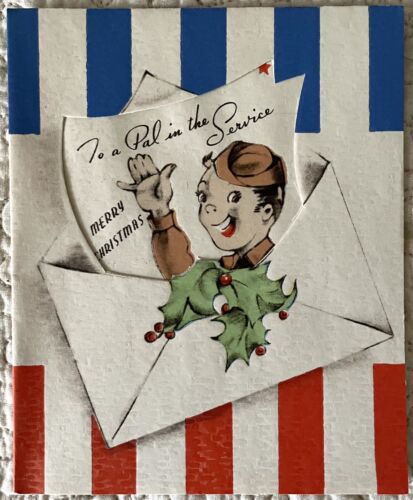 Unused Christmas Patriotic WW2 Pal In Military Service Vtg Greeting Card 1940s - Afbeelding 1 van 3