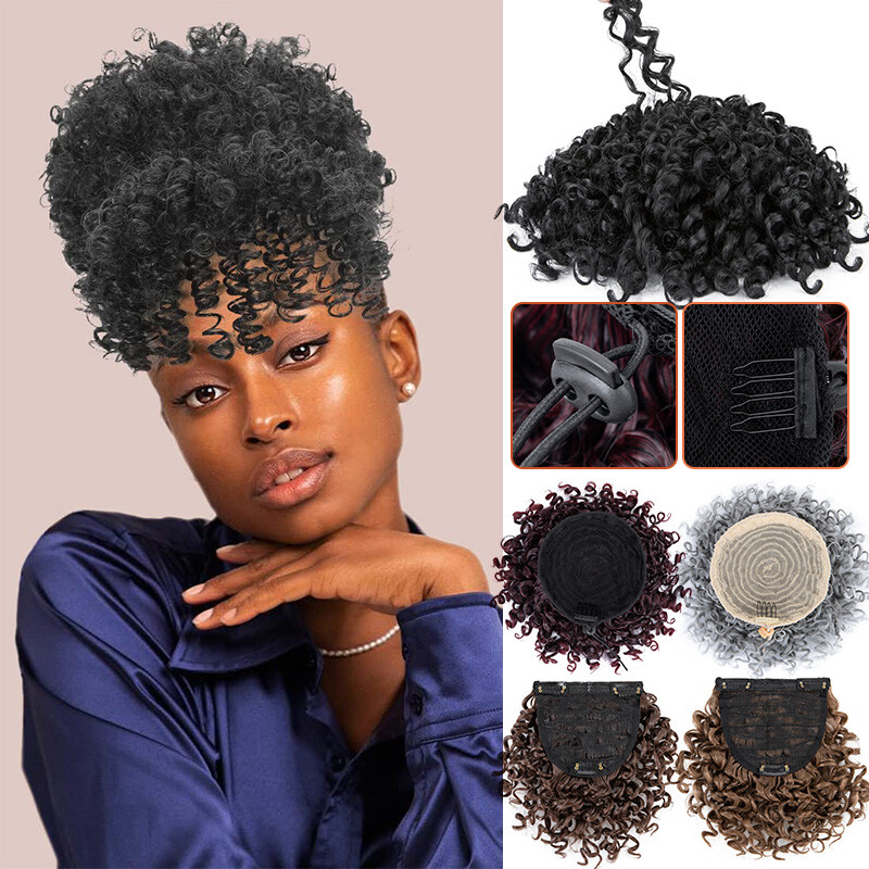 Drawstring Kinky Curly Afro Hair Bun Clip In Bangs Puff Pony  display picture 1