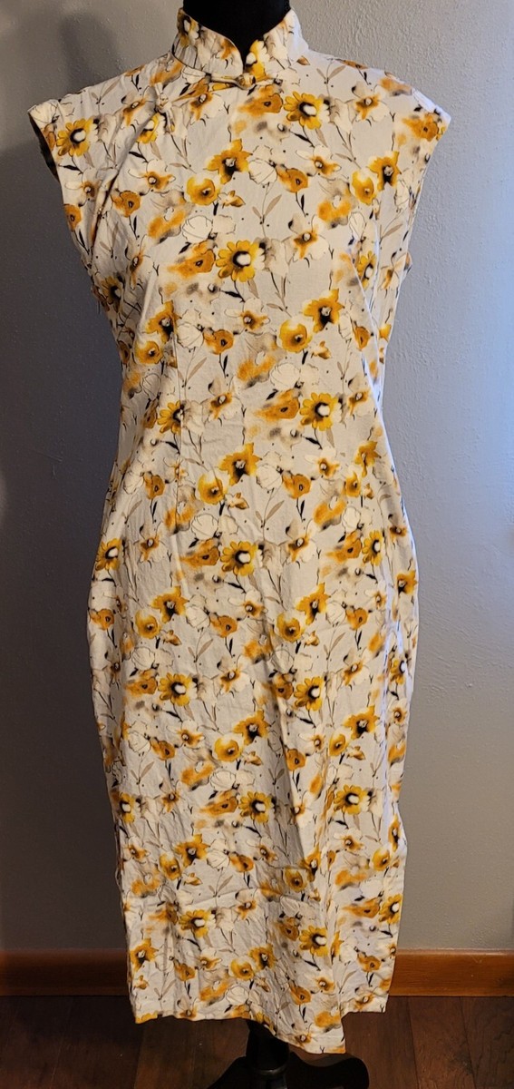 Momo Tobo Floral Print Cheongsam Asian Midi Dress Size Large