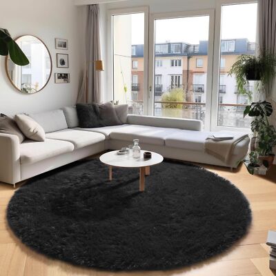 Soft Black Round Rug Plush Shag Fuzzy 8Ft Large Circle Area Rugs
