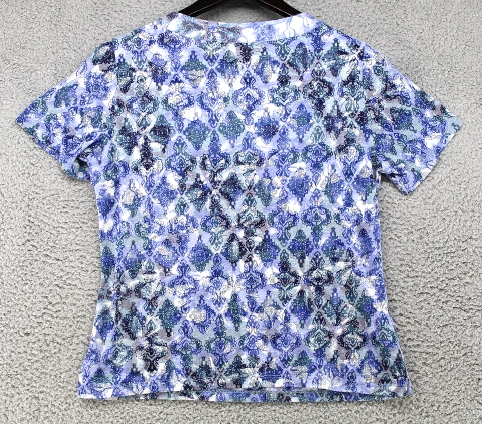 Napa Valley Top Women's Size PM Petite Blue White Floral Pattern Short Sleeve - Image 2 of 3