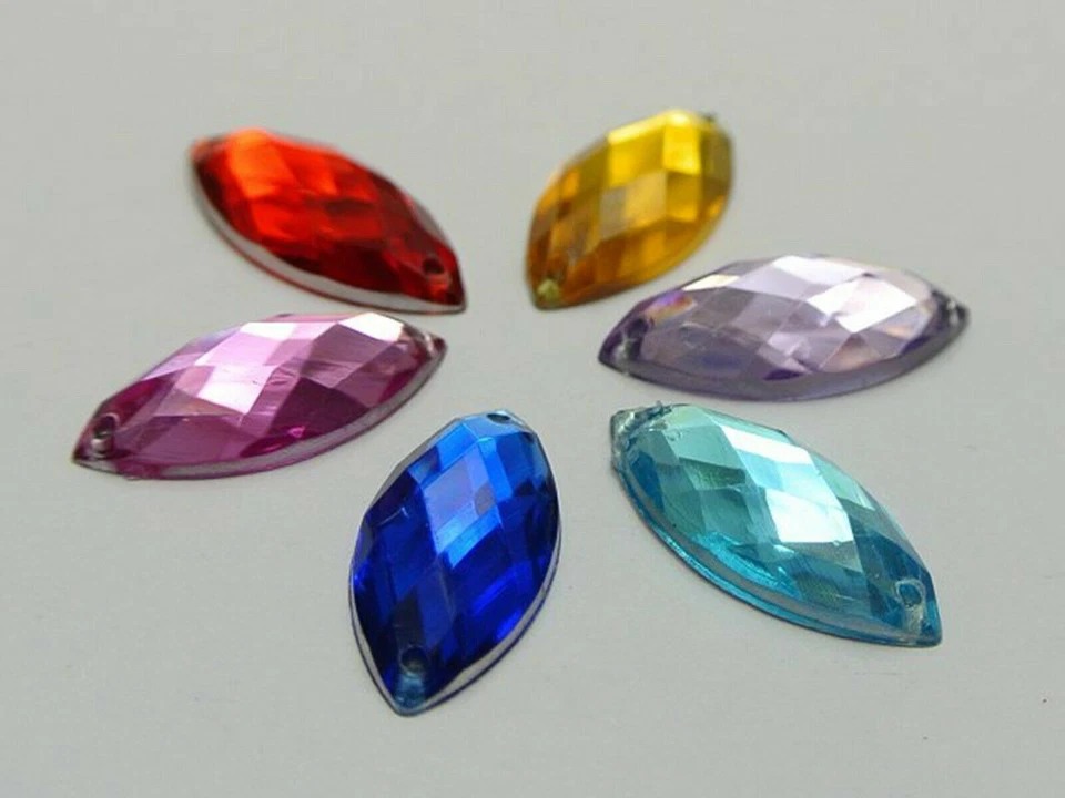 100 botones de estrás de acrílico con respaldo plano para coser ojos de caballo 9X20 mm coser cuentas Foto 3 de 4