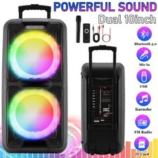 Bluetooth Speaker Dual 10" Subwoofer Party LED Lights Heavy Bass Speaker AUX Mic