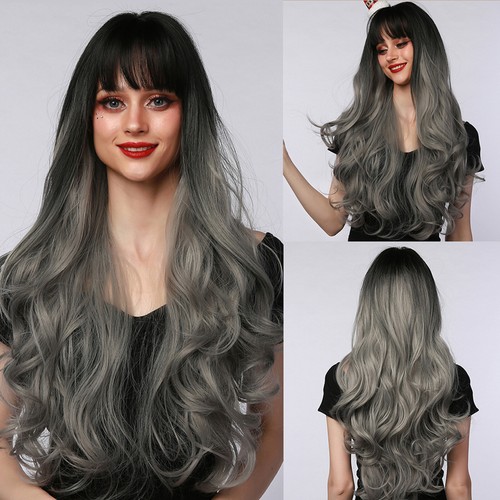 Long Hair Wigs with Bangs Wavy Hair with Hair Net Heat Resistant F2O1 - Picture 10 of 11