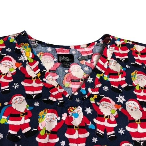 Peaches Sport Scrub Top Womens 2XL Santa Glitter Medical Pediatric Pockets - Picture 4 of 11