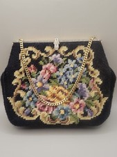 Vintage Floral Handbag Purse Petit Point Embroidered Gold Chain Marcasite Clasp