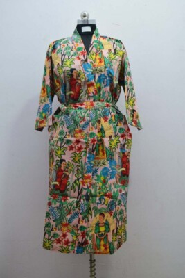 Indian Frida Kahlo Print Cotton Kimono Women Nightwear Dress Hippi Maxi Bathrobe