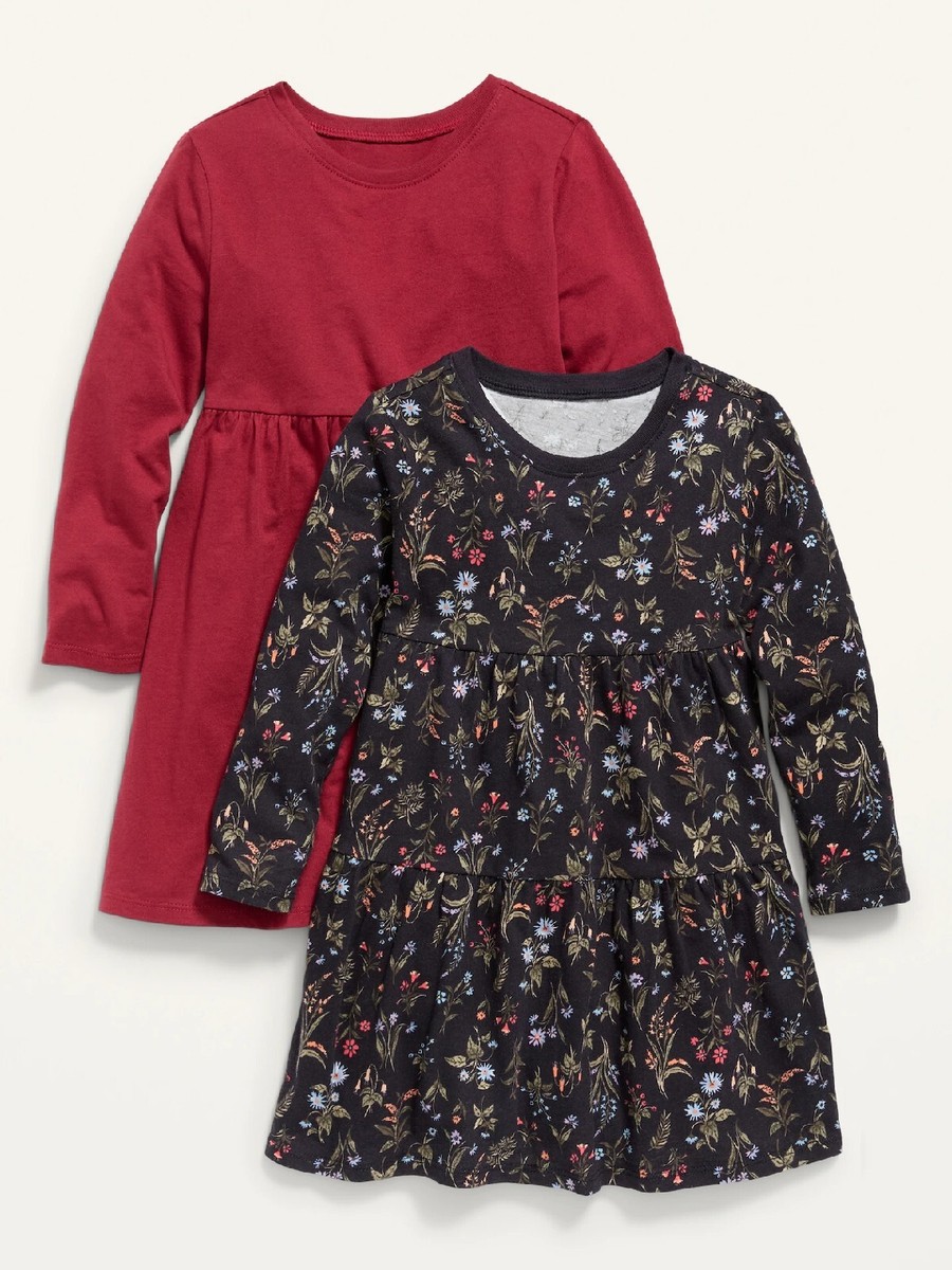 2 Old Navy Baby Girls Long Sleeve Dresses Black Floral Dark Red 12-18 M