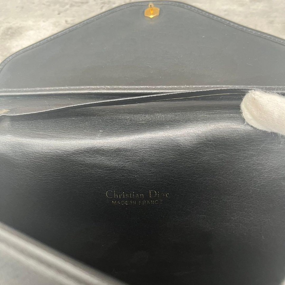 CHRISTIAN DIOR Chain Shoulder Bag Black Leather Logo Gold Hardware