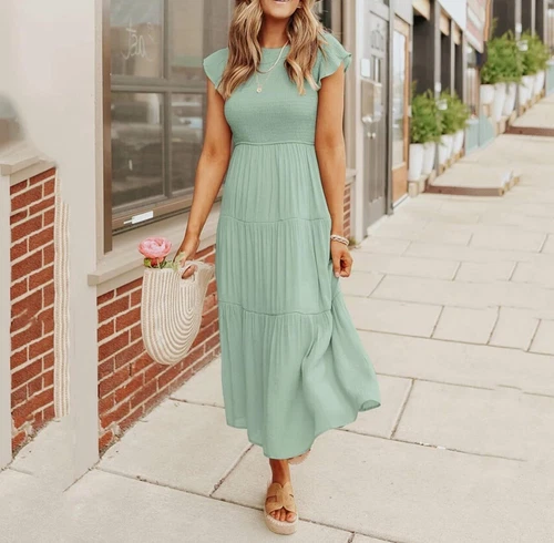 Green Smocked Flutter Sleeve Dress Size Medium Crew Neck Elastic Waist