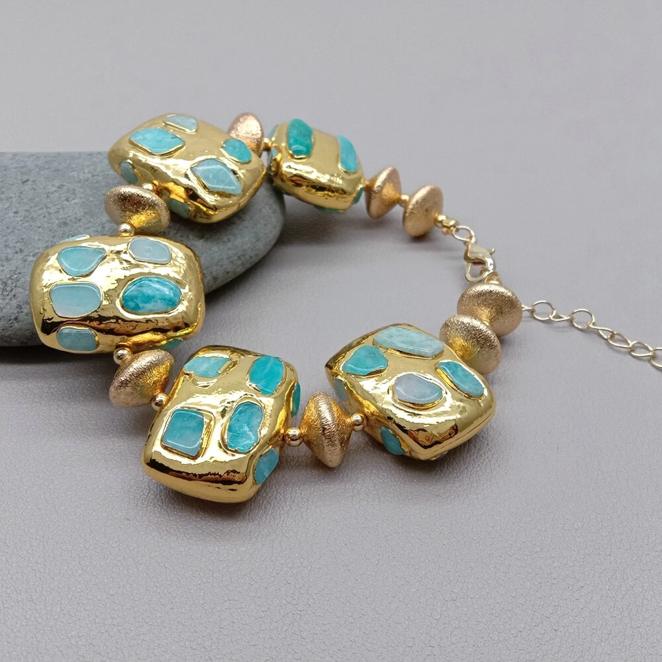 Pulseira de miçangas retangular verde natural amazonita presente joia - Imagem 4 de 4