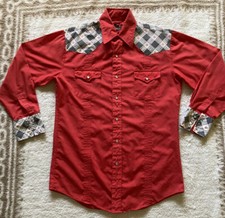 Vintage Western Pearl Snaps Medium Red with Plaid Gray/white Trim Mens Shirt