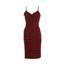 DOLCE AND GABANNA 100% PURE VIRGIN WOOL, RED PLAID, MIDI DRESS WITH STUDS 