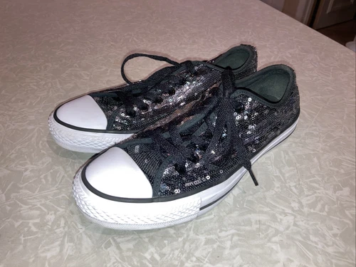 SCARPE SNEAKERS DONNA NERE E ARGENTO PAILLETTES CONVERSE ALLSTAR CHUCK TAYLOR TAGLIA 8