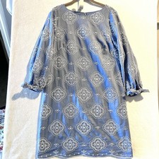 Talbots 10P Petite TIE SLEEVE EYELET CHAMBRAY DRESS Embroidered