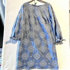 Talbots 10P Petite TIE SLEEVE EYELET CHAMBRAY DRESS Embroidered